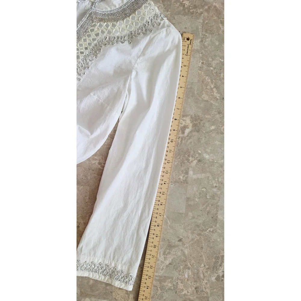 Tory Burch Ivory Cotton Mirror Embroidered Tunic Top Silver Metallic Womens 8